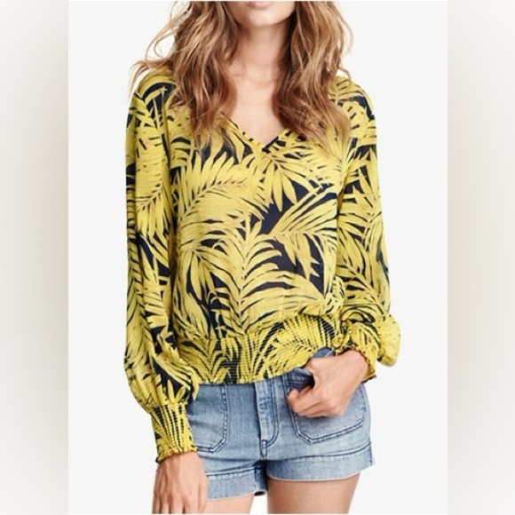 H&M Yellow Palm Print Sheer Blouse Size 6 - Picture 1 of 6